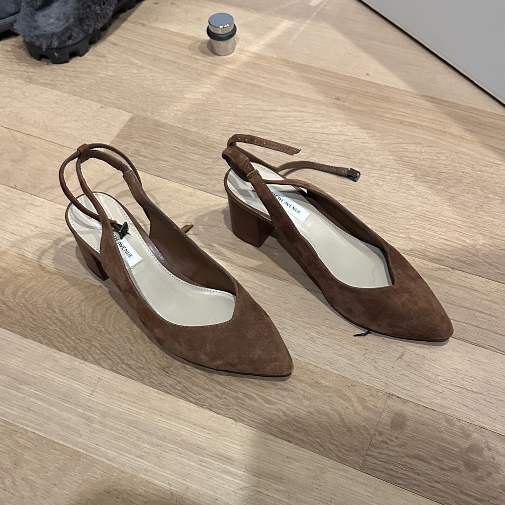 Saks Fifth Avenue Brown Suede Slingback Block Heel Pumps